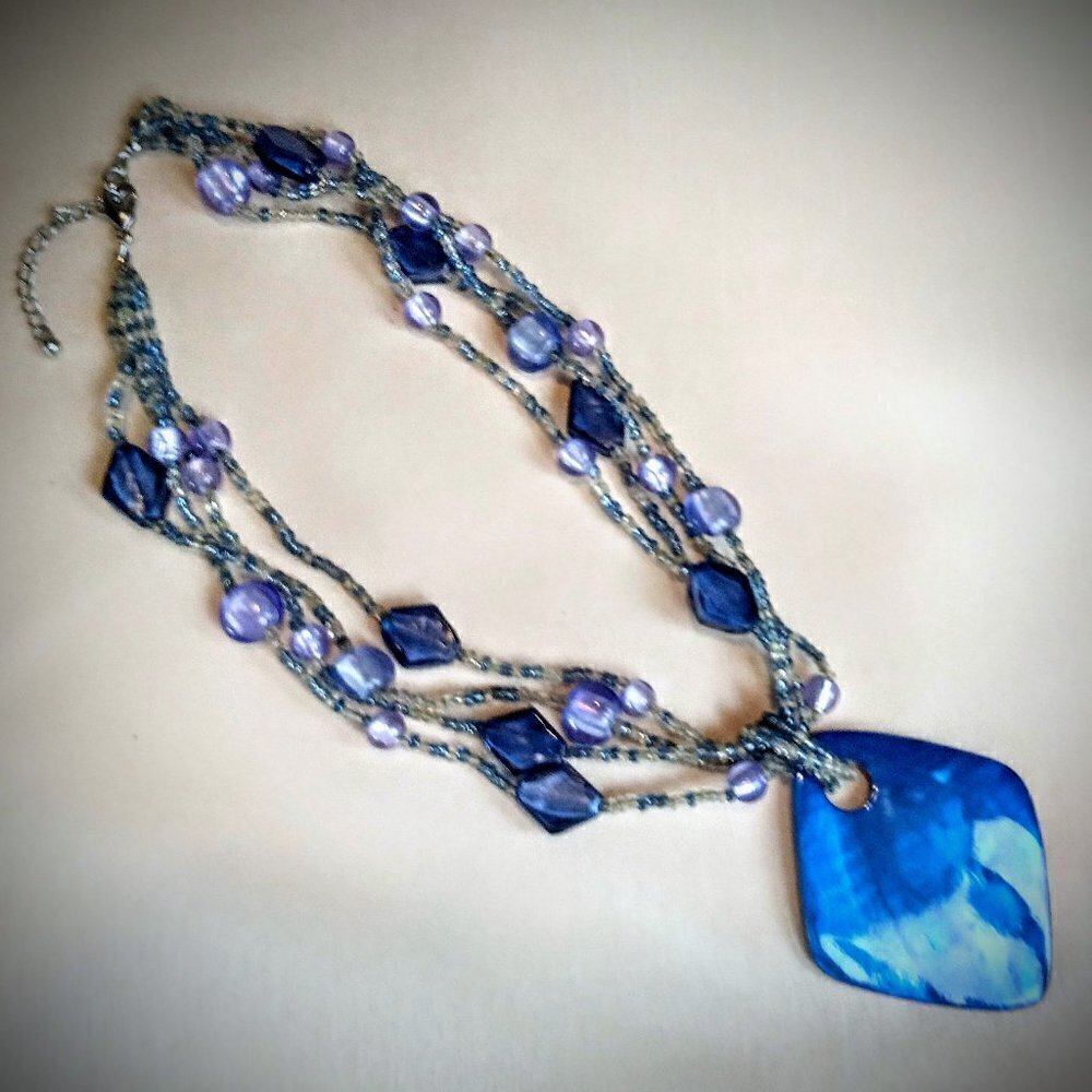 Blue & Lavender Beaded Necklace with Blue Pendant